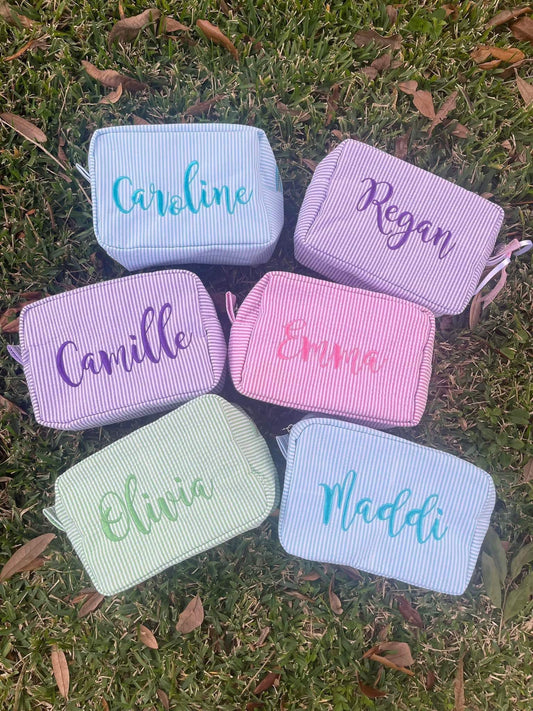 Embroidered Seersucker cosmetic bags